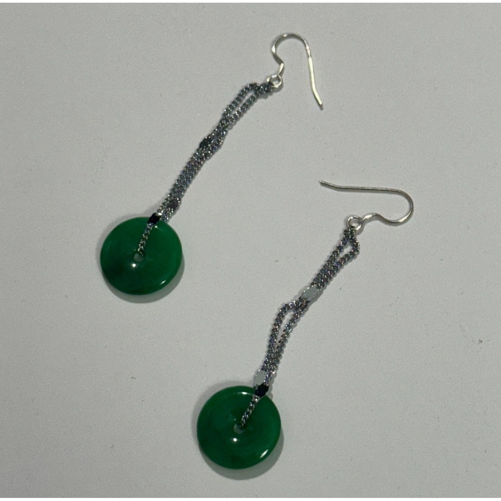 Green Peace Disk‎ Earrings Donut Disc Drop Silver Chain Jade Style Statement - Picture 2 of 2
